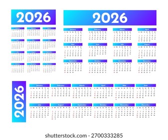 Set of three calendars for 2026 in different forms isolated on a white background. Sunday to Monday, business template. Vector illustration