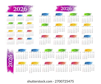 Conjunto de três calendários para 2026 em diferentes formas isoladas em um fundo branco. De domingo a segunda-feira, modelo de negócios. Ilustração vetorial