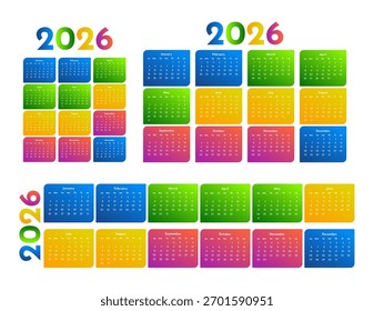 Set of three calendars for 2026 in different forms isolated on a white background. Sunday to Monday, business template. Vector illustration