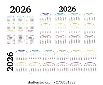 Conjunto de tres calendarios para 2026 en diferentes formas aisladas sobre un fondo blanco. De domingo a lunes, Plantilla de negocios. Ilustración vectorial