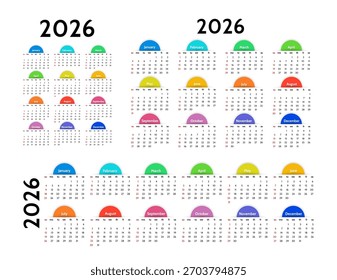 Set of three calendars for 2026 in different forms isolated on a white background. Sunday to Monday, business template. Vector illustration