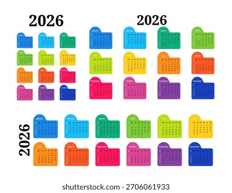 Conjunto de tres calendarios para 2026 en diferentes formas aisladas sobre un fondo blanco. De domingo a lunes, Plantilla de negocios. Ilustración vectorial