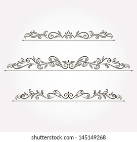 Set of three calligraphic floral design elements and page decoration. Vector illustration