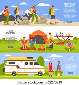 Set of three camping and hiking horizontal banners with outdoor climbing people compositions read more button vector illustration