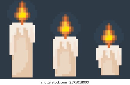set of three candles of different sizes pixel art
