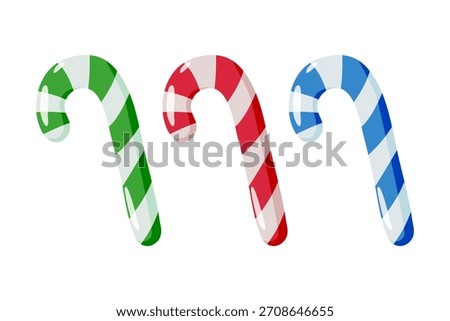 Set of three candy canes with glossy finish green-white, red-white, and blue-white diagonal stripes. Festive and colorful holiday illustration on white background