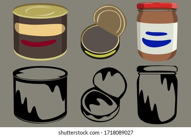 Set of three canned food, in two versions color and black and white. Vector illustration.