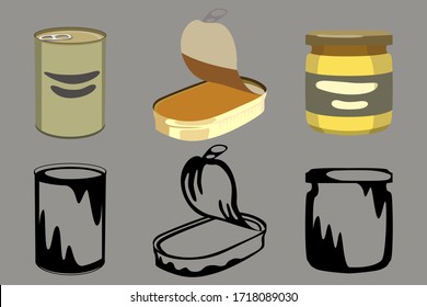 Set of three canned food, in two versions color and black and white. Vector illustration.