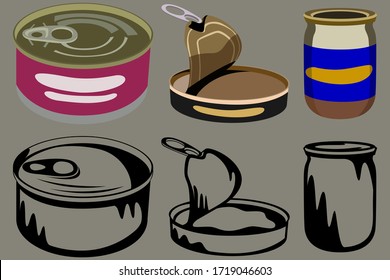 Set of three canned food, in two versions color and black and white. Vector illustration.