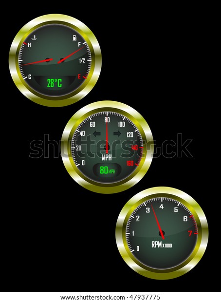 A set of three\
car dials with speedometer,rev counter and petrol and temperature\
gauge saved as an EPS10\
vector