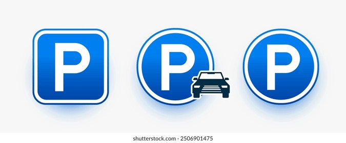 Conjunto de tres señales de tráfico de estacionamiento de automóviles sobre fondo blanco Vector