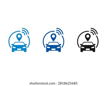 A set of three car tracking icons featuring a vehicle silhouette with a map location pin and wifi signal waves representing GPS navigation and telematics technology