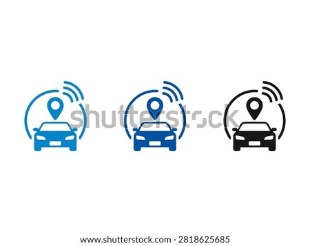 A set of three car tracking icons featuring a vehicle silhouette with a map location pin and wifi signal waves representing GPS navigation and telematics technology