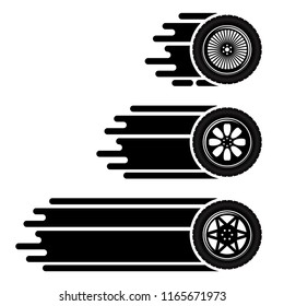 Set of three car wheels with moving tracks isolated on white background