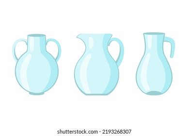 A set of three carafes of different shapes. Glass jugs isolated on white background. Stock vector illustration.