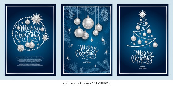 Set of three card Merry Christmas and Happy New Year. Christmas tree, silver glass balls, stars, sequins and elegant lettering on blue background. Sketch of branches fir tree, cedar, pine and cones