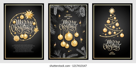 Set of three card Merry Christmas and Happy New Year. Christmas tree, golden glass balls, stars, sequins and elegant lettering on black background. Sketch of branches fir tree, cedar, pine and cones