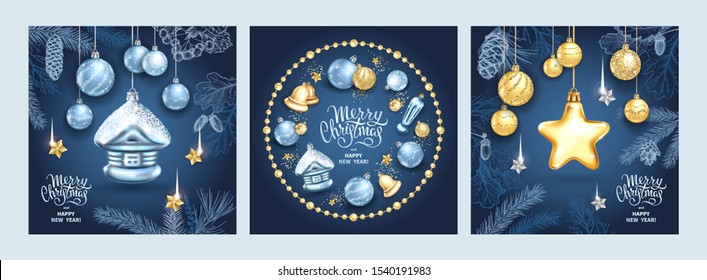 Set of three card Merry Christmas and Happy New Year. Christmas star, glass balls, house with sequins and elegant lettering on blue background. Sketch of branches fir tree, cedar, pine and cones