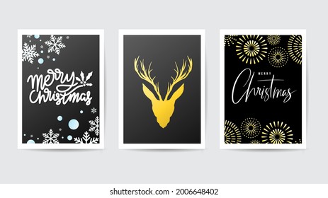 Set of three card Merry Christmas and Happy New Year , Merry Christmas handwritten calligraphy vector and reindeer head symbol isolated  background, Illustration Vector EPS 10