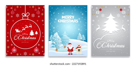 Set of three card Merry Christmas and Happy New Year. Christmas tree, silver, blue, red background