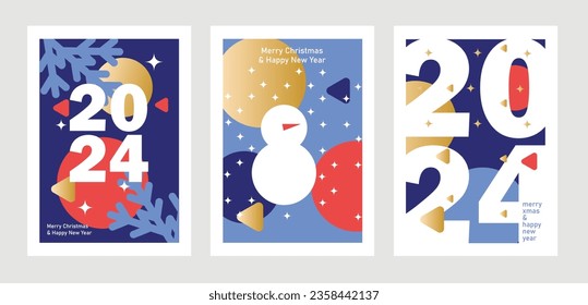 Set of three card Merry Christmas and Happy New Year. Blue, red, yellow decor and number year 2024