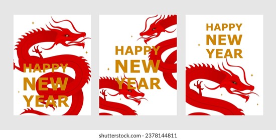 Set of three card with red dragons on a white background. Happy Chinese New Year greeting card.