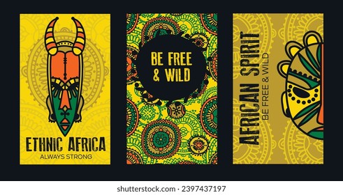 Juego de tres cartas para el estilo africano con máscaras africanas tradicionales, se pueden usar para el feliz Día de África, ilustración vectorial