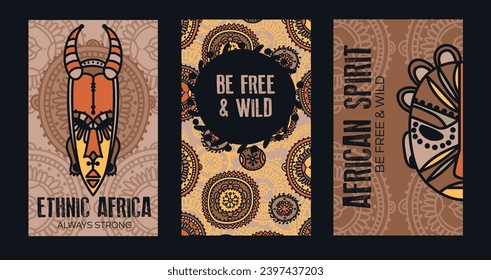 Set of three cards for african style with traditional african masks, can be used for happy Africa Day, vector illustration