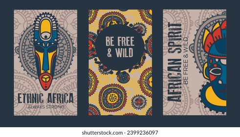 Set bestehend aus drei Karten für afrikanischen Stil mit traditionellen afrikanischen Masken, kann für fröhlichen Afrika Day verwendet werden, Vektorgrafik