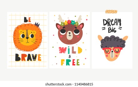 Set of three cards with animal faces. Colored vector set. Every illustration is isolated