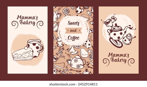 Set of three cards for bakery, can be used as tea party invitation, vector illustration