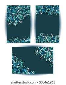 Set of three cards, banners or invitations with blue floral ornament. Vector illustration