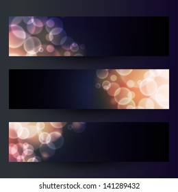 Set of three cards with bokeh background, vector illustration