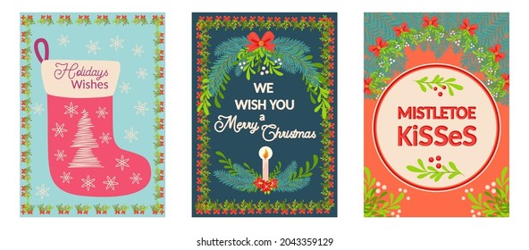 Set of three cards for christmas with different inscriptions, wishes. Christmas and Happy New Year templates. Trendy retro style.