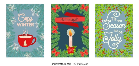 Set of three cards for christmas with different inscriptions, wishes. Christmas and Happy New Year templates. Trendy retro style.