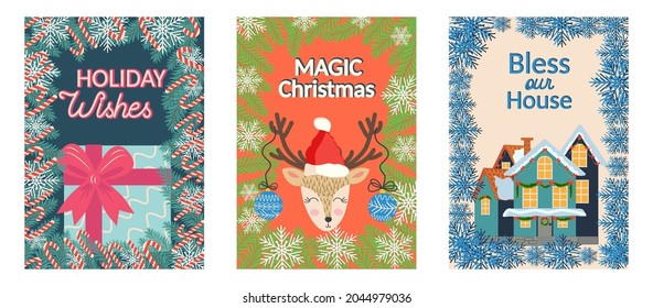 Set of three cards for christmas with different inscriptions, wishes. Christmas and Happy New Year templates. Trendy retro style.
