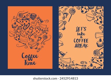 Set of three cards for coffee shop, can be used as menu cover, vector illustration