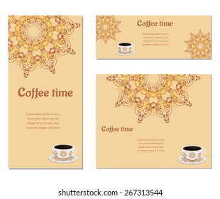 Set of three cards with cup of coffee,  ornate eastern round elements