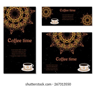 Set of three cards with cup of coffee,  ornate eastern round elements
