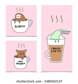 A set of three cards with a cute sloth, dog, crocodile.Coffee. Vector illustration. Suitable for postcards, posters, printing, children's room.