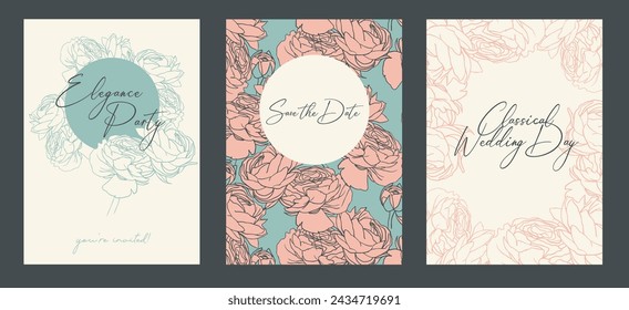 Conjunto de tres tarjetas para la celebración elegante con decoración de rosas, ilustración vectorial