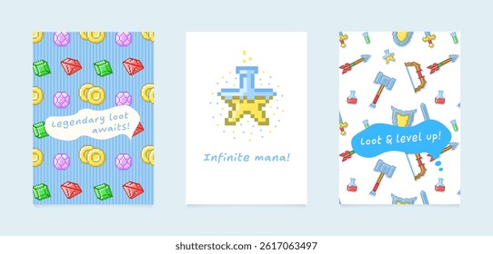 Set of three cards featuring gems, mana potions and medieval weapons in pixel art style