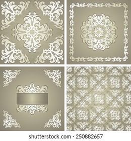 Set of three cards with floral elements and template of seamless floral wallpaper. Pastel colors. Floral decoration          