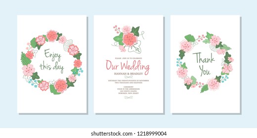 Set of three cards with flowers and leaves. Wedding ornament concept, floral poster, invite. Vector decorative greeting card, invitation design background