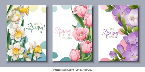 un conjunto de tres cartas con flores y las palabras primavera se acerca