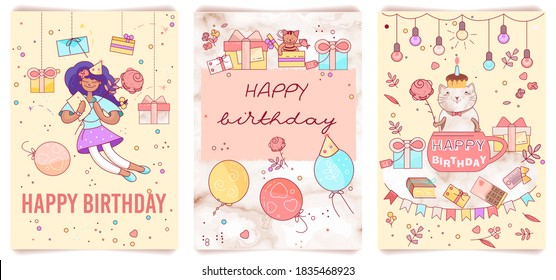 Set of three cards. Happy Birthday vector typography design for greeting cards and poster with balloon, cupcakes and gift box, design template for birthday celebration. Invitation poster