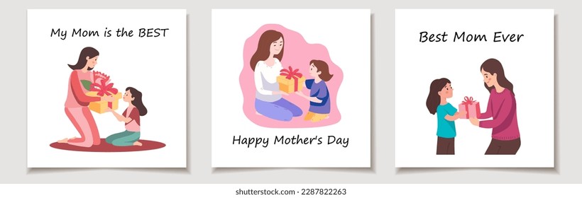 Set of three cards with Mother's Day. Childs give his mother gift. Vector cartoon illustration for or birthday.