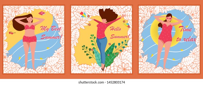 A set of three cards on a summer theme, with elements for design: a beautiful girl, brunette, in red bathing suit. Rest on the beach, in the hotel, tourism, vacation. Vector illustration