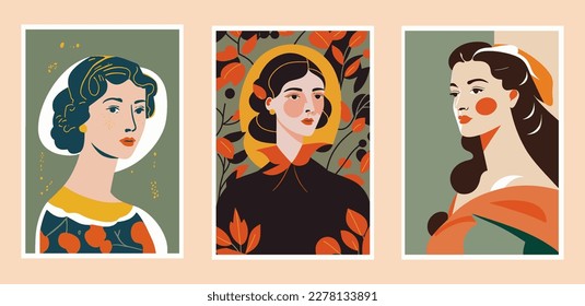 Set of three cards with portraits of beautiful women. Vector illustration. wall art print poster