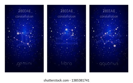 Set of three cards with Signs of the Zodiac, astrological constellations and hand drawn lettering against the starry sky. Collection of the Air elements: gemini, libra, aquarius. Vector illustration.